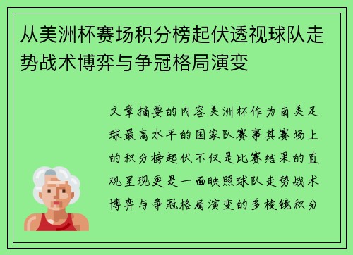 从美洲杯赛场积分榜起伏透视球队走势战术博弈与争冠格局演变